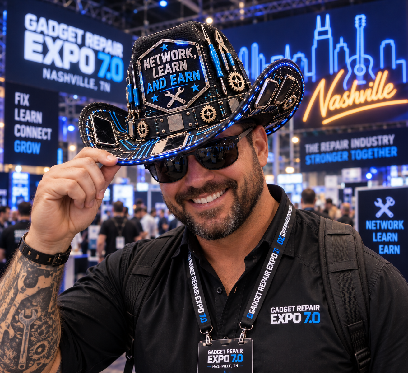 Attendee tipping a custom circuit-board GRE 7.0 cowboy hat on the Gadget Repair Expo show floor