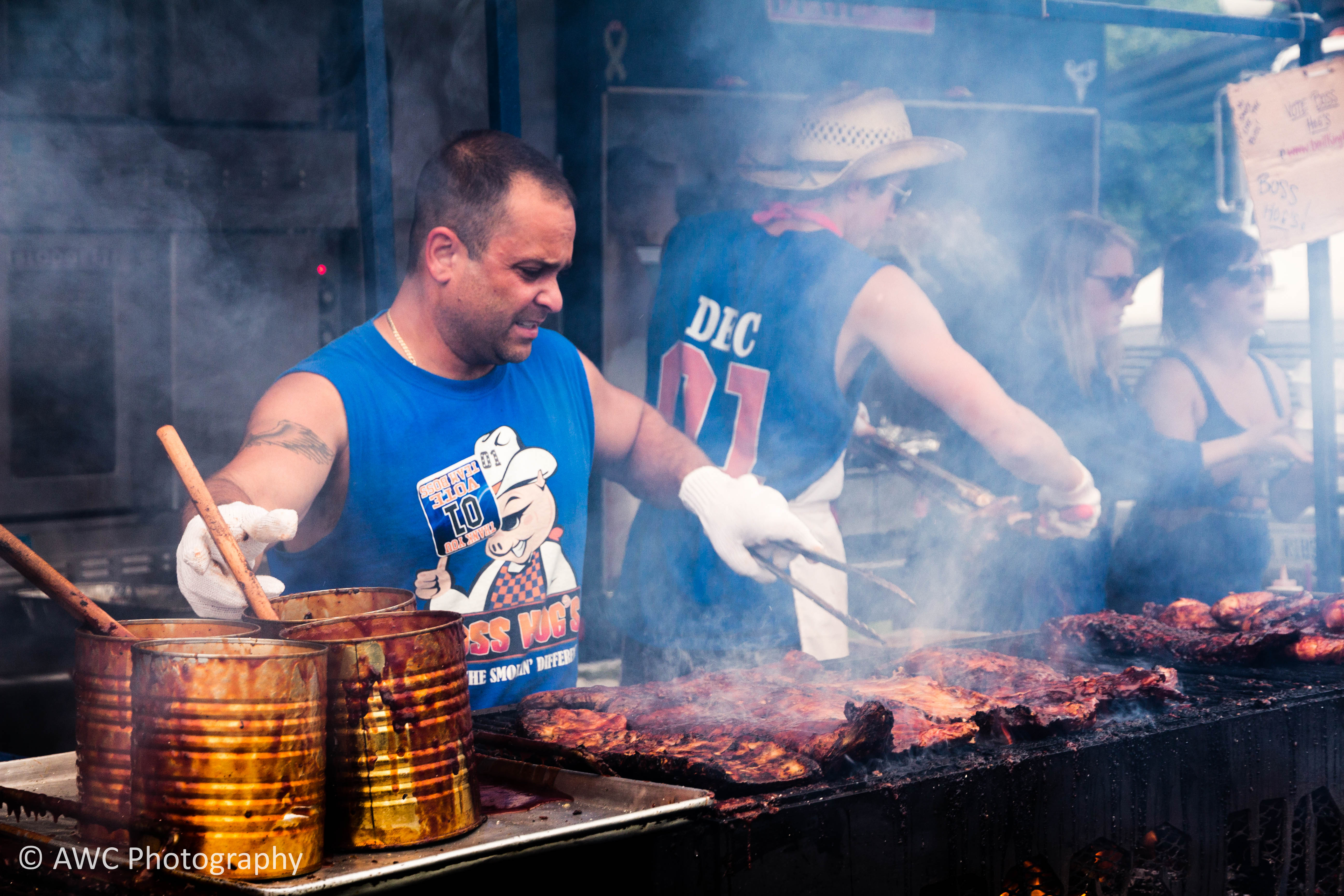 Rack of smoked barbecue pork ribs on the grill