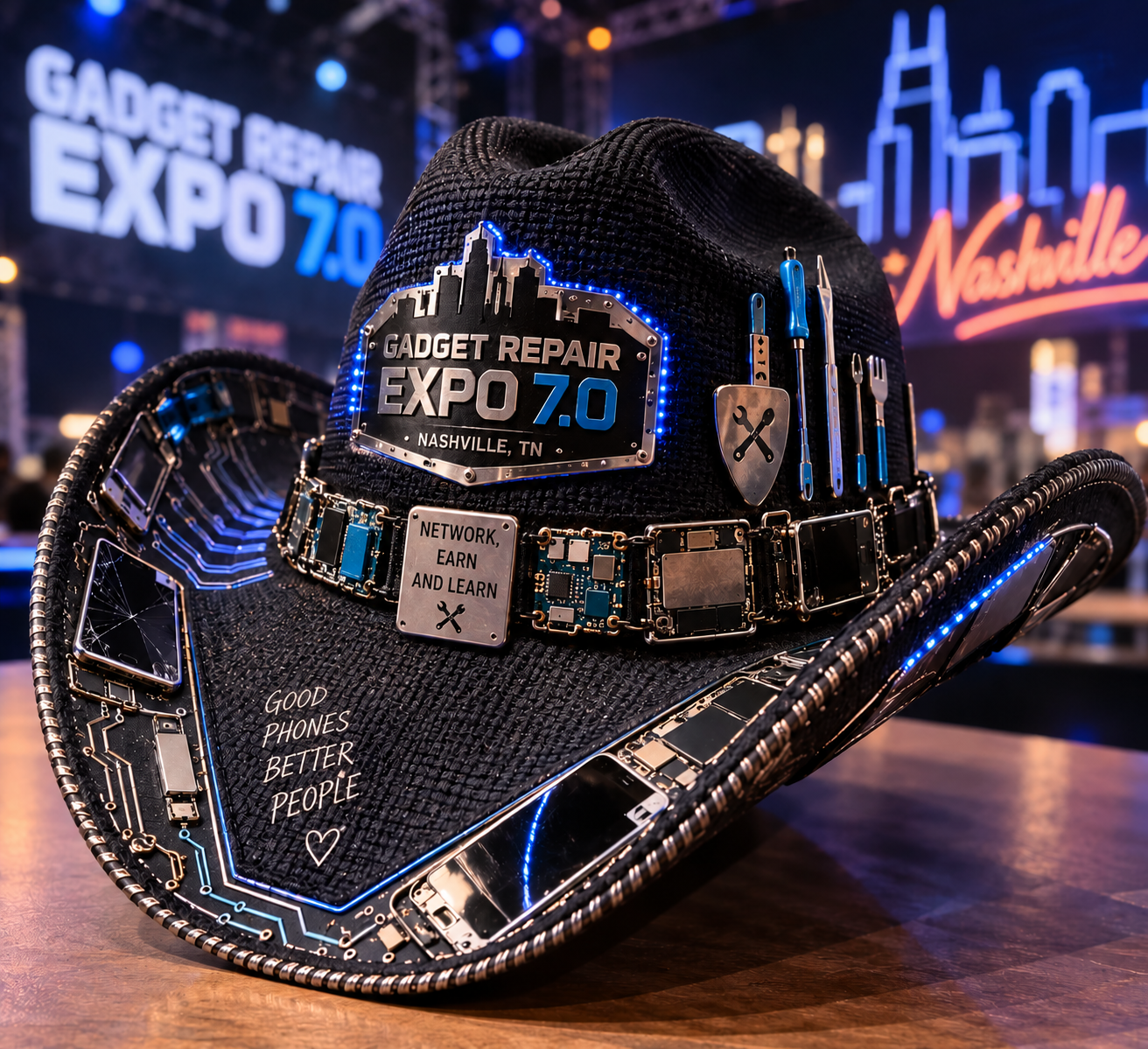 GRE 7.0 cowboy hat built from circuit boards and phone parts